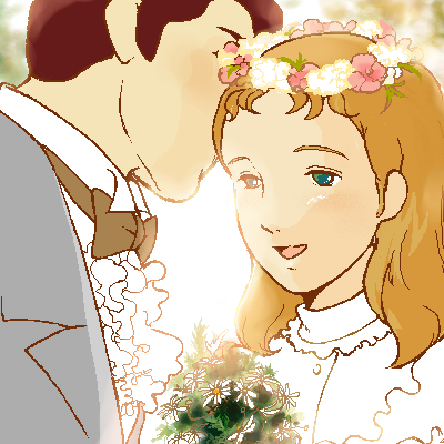1boy, 1girl, ai_no_wakakusa_monogatari, bouquet, bow, bride, brown_hair, couple, daisy_(flower), dress, flower, happy, hetero, husband_and_wife, ishigamirin, john_brooke, lowres, margaret_march, wedding, wedding_dress, world_masterpiece_theater, wreath