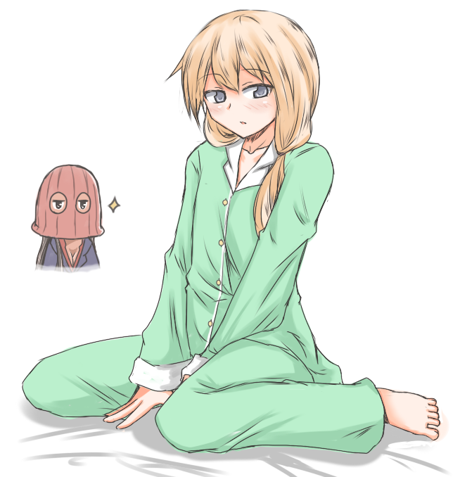 2girls, barefoot, blonde_hair, blush, breasts, carla_j._luksic, cleavage, collarbone