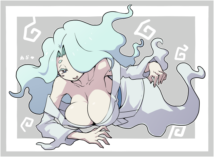 10s, 1girl, bare_shoulders, blue_hair, blush_stickers, breasts, cleavage, enraenra, enraenra_(youkai_watch), female_focus, ghost_tail, hair_over_one_eye, huge_breasts, kara_age, long_hair, lying, off_shoulder, open_mouth, smile, solo, youkai_watch, youkai_watch_2