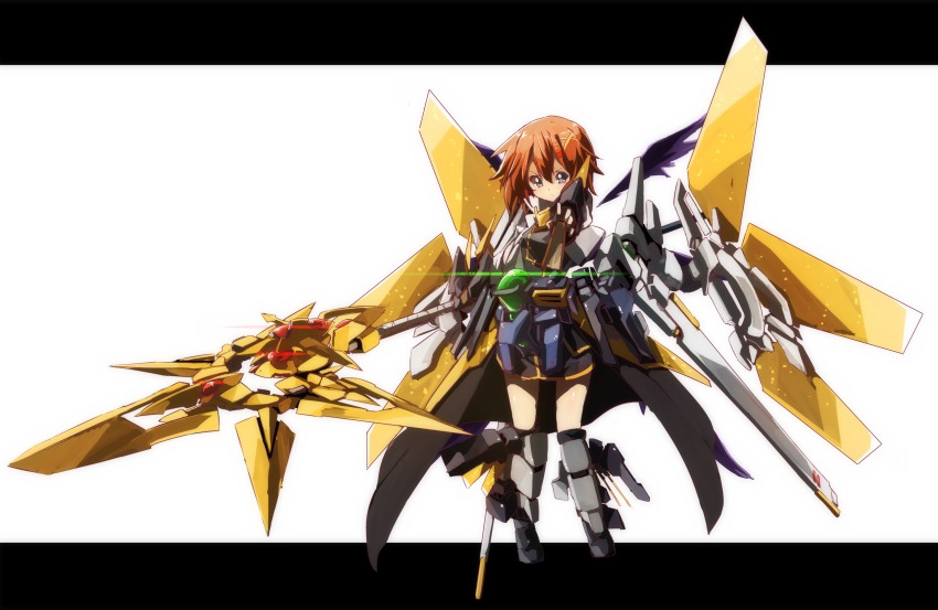 >:(, 1girl, after_war_gundam_x, alternate_weapon, armor, blue_eyes, brown_hair, bygddd5, female_focus, frown, glowing, gundam, gundam_double_x, hair_ornament, highres, huge_weapon, letterboxed, light_rays, lyrical_nanoha, machinery, mahou_shoujo_lyrical_nanoha, mahou_shoujo_lyrical_nanoha_a's, mecha_musume, serious, short_hair, simple_background, solo, v-shaped_eyebrows, weapon, white_background, wings, x_hair_ornament, yagami_hayate