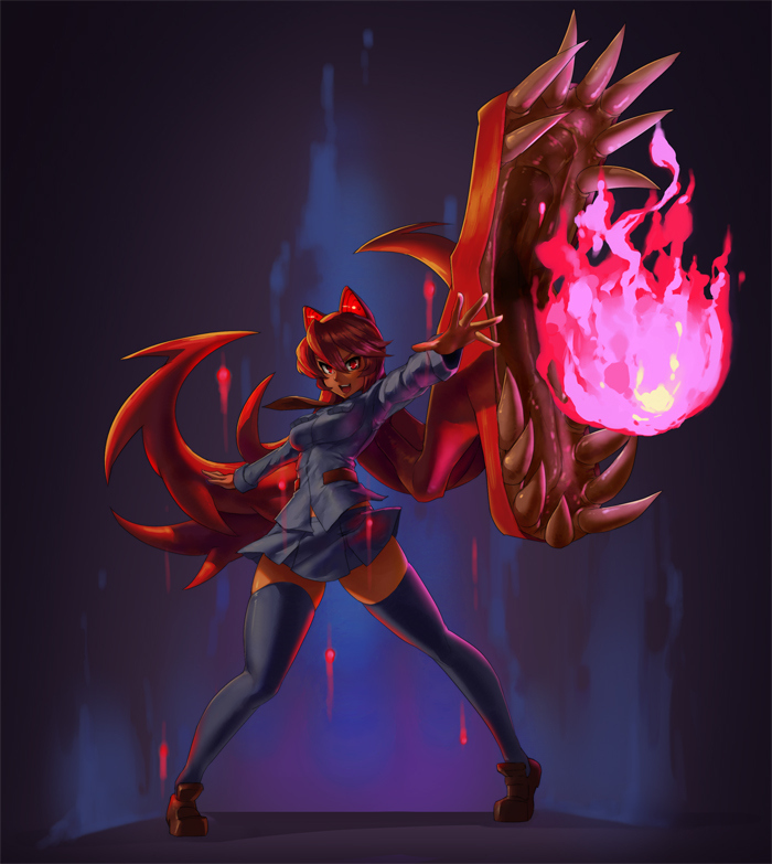 1girl, akuma_(street_fighter), akuma_(street_fighter)_(cosplay), alternate_color, black_thighhighs, blue_background, breasts, cosplay, dark-skinned_female, dark_skin, eu03, female_focus, fire, fukua_(skullgirls), futakuchi-onna, impossible_clothes, impossible_shirt, loafers, long_hair, looking_at_viewer, miniskirt, open_mouth, outstretched_arms, parasite, pigeon-toed, prehensile_hair, red_eyes, red_hair, school_uniform, shamone_(skullgirls), shirt, shoes, skirt, skullgirls, solo, sparkle, standing, thighhighs