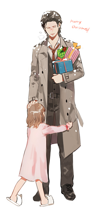 1boy, 1girl, bad_id, bad_pixiv_id, belt, brown_hair, coat, english_text, father_and_child, father_and_daughter, full_body, gift, hand_on_another's_head, lily_castellanos, merry_christmas, necktie, parent_and_child, sebastian_castellanos, simple_background, slippers, snow, the_evil_within, trench_coat, white_background, yasuda_(fareast_blade)