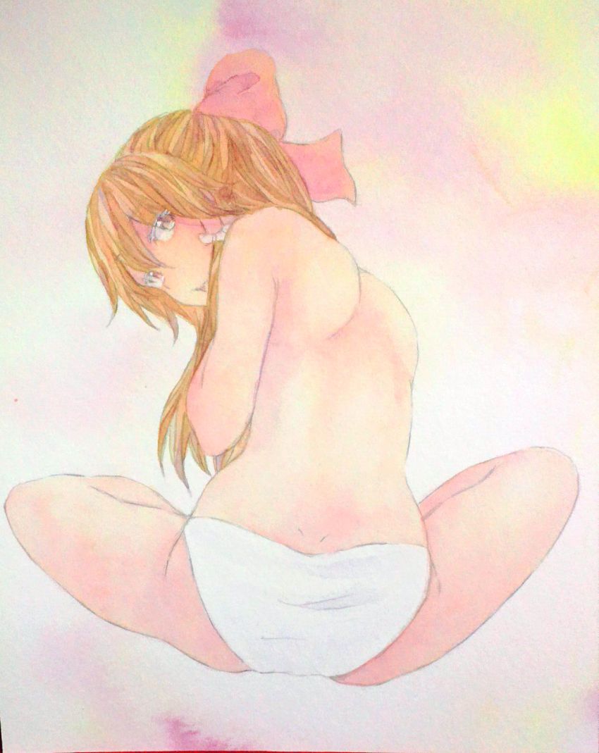 1girl, back, bikini, bikini_bottom_only, bow, brown_eyes, brown_hair, covering_breasts