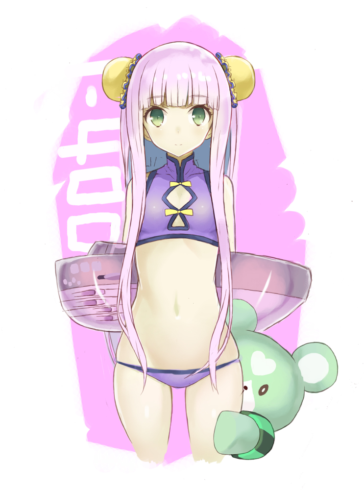 10s, 1girl, adapted_costume, animalization, aoki_hagane_no_arpeggio, arms_behind_back, bikini, blunt_bangs, cleavage_cutout, clothing_cutout, cowboy_shot, double_bun, flat_chest, goekawa, green_eyes, hair_bun, i-400_(aoki_hagane_no_arpeggio), i-402_(aoki_hagane_no_arpeggio), inflatable_toy, light_smile, long_hair, looking_at_viewer, lowleg, lowleg_bikini, navel, purple_hair, shiny_skin, skindentation, standing, stuffed_animal, stuffed_toy, swimsuit, teddy_bear, thigh_gap, thighs, yotarou_(aoki_hagane_no_arpeggio)