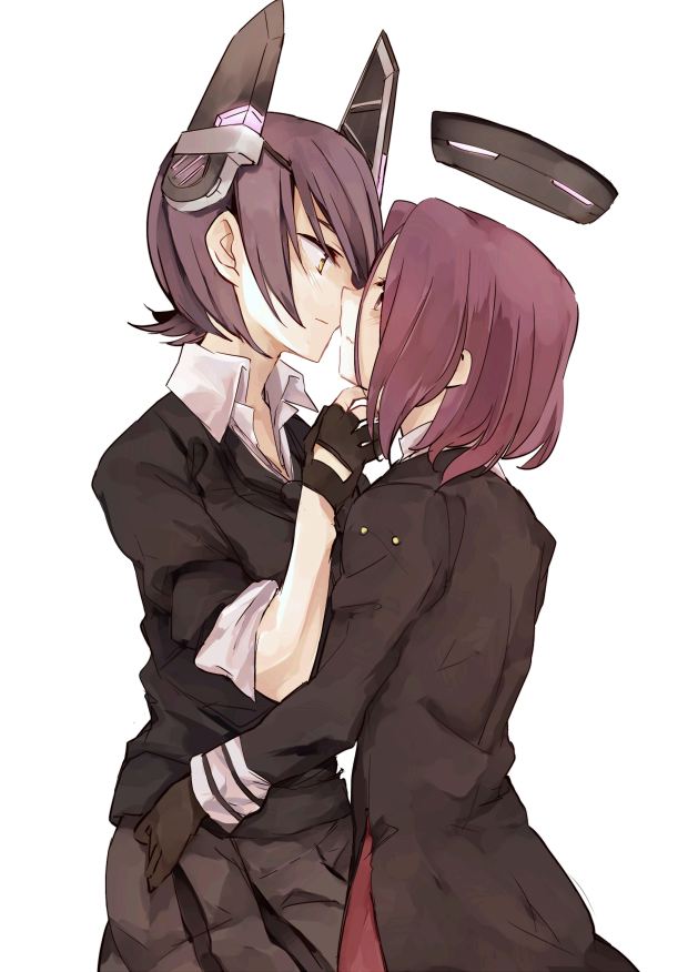 10s, 2girls, cardigan, fingerless_gloves, gloves, headgear, imminent_kiss, kantai_collection, multiple_girls, purple_eyes, purple_hair, safai, short_hair, simple_background, tatsuta_(kancolle), tenryuu_(kancolle), uniform, white_background, yellow_eyes, yuri
