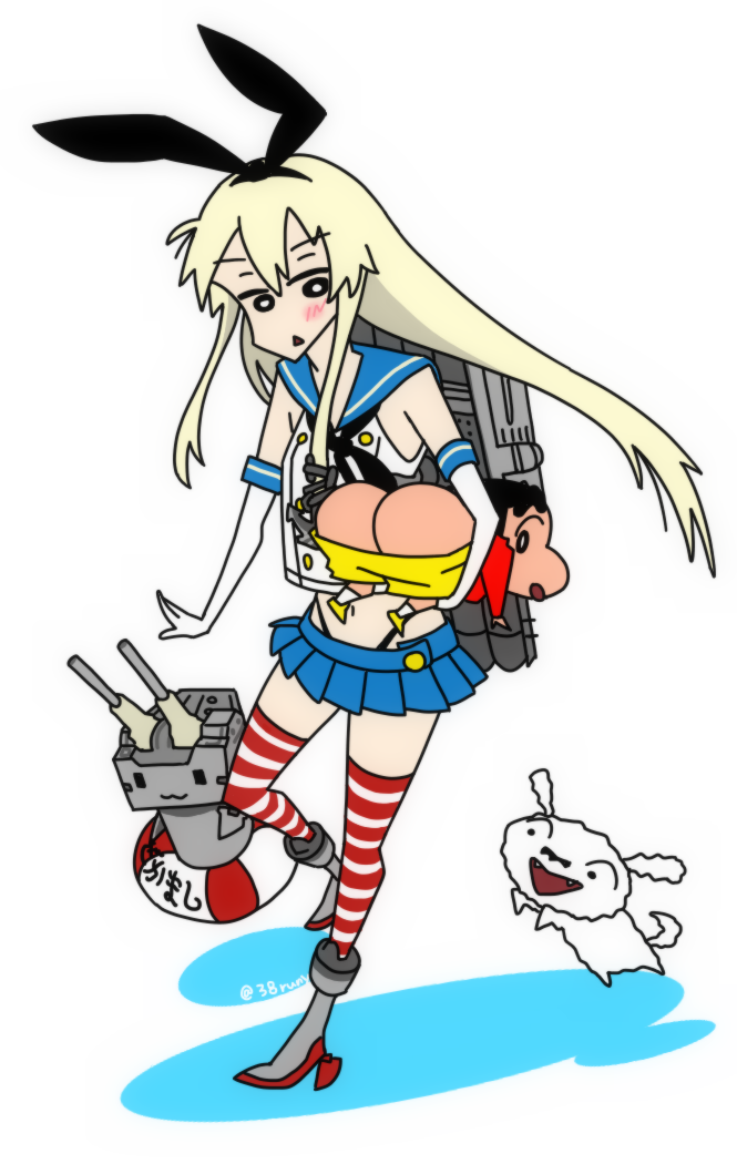 1boy, 1girl, anchor_hair_ornament, ass, bandana, blonde_hair, butt_crack, carrying, carrying_under_arm, crayon_shin-chan, crossover, dog, elbow_gloves, gloves, hair_ornament, kantai_collection, lifebuoy, long_hair, navel, nohara_shinnosuke, parody, pleated_skirt, rensouhou-chan, rigging, school_uniform, serafuku, shide_kouri, shimakaze_(kancolle), shiro_(crayon_shin-chan), skirt, striped_clothes, striped_thighhighs, style_parody, swim_ring, thighhighs, thong, zettai_ryouiki