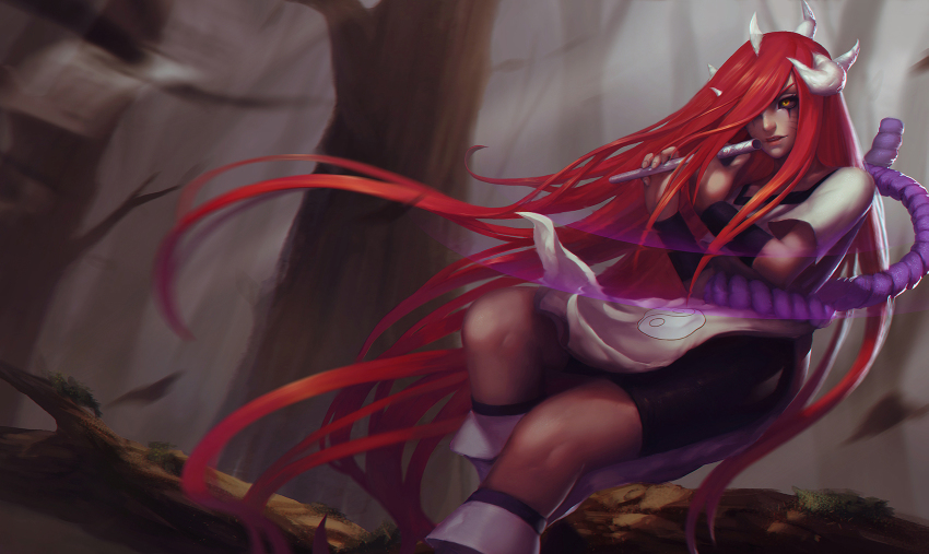 1girl, bike_shorts, black_sclera, cjh123456, colored_sclera, dark-skinned_female, dark_skin, demon, facial_mark, female_focus, flute, forest, hair_over_one_eye, highres, horns, instrument, long_hair, looking_at_viewer, naruto_(classic), naruto_(series), nature, outdoors, red_hair, solo, tayuya_(naruto), tree, very_long_hair, yellow_eyes