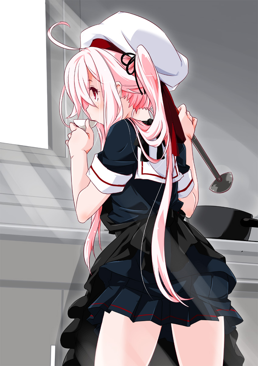 10s, 1girl, ahoge, apron, female_focus, from_behind, harusame_(kancolle), hat