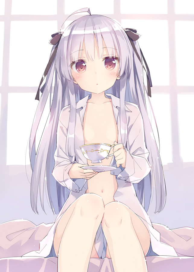 10s, 1girl, absolute_duo, ahoge, blush, breasts, collarbone, cup