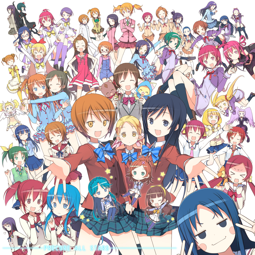 00s, 10s, 6+girls, absolutely_everyone, aida_mana, aino_megumi, akimoto_komachi, amanogawa_kirara, aoki_reika, aono_miki, bangs_pinned_back, black_hair, blonde_hair, blue_eyes, blue_hair, blunt_bangs, blush, blush_stickers, bow, braid, brown_eyes, brown_hair, candy, closed_eyes, cure_candy, dark_dream, dark_precure, dokidoki!_precure, double_v, dress, elbow_gloves, en'en, everyone, eyelashes, food, fresh_precure!, futari_wa_precure, futari_wa_precure_max_heart, futari_wa_precure_splash_star, glasses, gloves, go!_princess_precure, green_eyes, green_hair, gureru, hair_ornament, hair_rings, hairband, hairclip, half_updo, hanasaki_tsubomi, happinesscharge_precure!, haruno_haruka, heartcatch_precure!, higashi_setsuna, highres, hikawa_iona, hino_akane_(precure), hishikawa_rikka, hoshizora_miyuki, houjou_hibiki, hyuuga_saki, in-franchise_crossover, kaidou_minami, kasugano_urara_(precure), kenzaki_makoto, kiryuu_kaoru, kiryuu_michiru, kise_yayoi, kujou_hikari, kurokawa_eren, kurumi_erika, long_hair, long_sleeves, looking_at_viewer, madoka_aguri, magical_girl, md5_mismatch, midorikawa_nao, mimino_kurumi, minamino_kanade, minazuki_karen, mishou_mai, misumi_nagisa, momozono_love, multiple_girls, myoudouin_itsuki, natsuki_rin, necktie, nico_(smile_precure!), oomori_yuuko, open_mouth, pantyhose, pink_eyes, pink_hair, pink_necktie, ponytail, precure, precure_all_stars, precure_all_stars_new_stage:_mirai_no_tomodachi, purple_eyes, purple_hair, red_eyes, red_hair, regina_(precure), ribbon, sakagami_ayumi, school_uniform, seiren_(precure), shirabe_ako, shirayuki_hime, short_hair, short_sleeves, short_twintails, side_ponytail, single_wing, skirt, smile, smile_precure!, star_(symbol), suite_precure, thighhighs, tsukikage_yuri, twintails, v, white_background, wings, yamabuki_inori, yellow_eyes, yes!_precure_5, yes!_precure_5_gogo!, yotsuba_alice, yuguru, yukishiro_honoka, yumehara_nozomi, yuunagi_middle_school_uniform, zettai_ryouiki