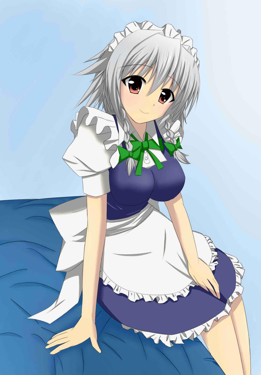 1girl, apron, bed, blush, braid, breasts, dress, female_focus, highres, izayoi_sakuya, kachimira, large_breasts, looking_at_viewer, maid, maid_apron, maid_headdress, on_bed, puffy_short_sleeves, puffy_sleeves, red_eyes, short_hair_with_long_locks, short_sleeves, silver_hair, sitting, smile, solo, touhou, twin_braids