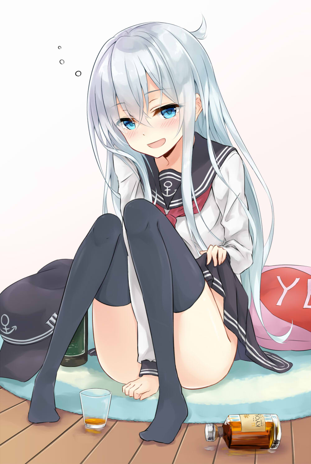 10s, 1girl, alcohol, aqua_eyes, aqua_hair, azuuru_(azure0608), between_legs, black_skirt