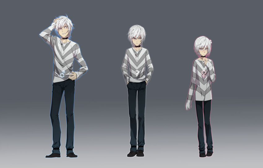 1boy, 1girl, accelerator_(toaru_majutsu_no_index), ahoge, albino, androgynous, choker, dual_persona
