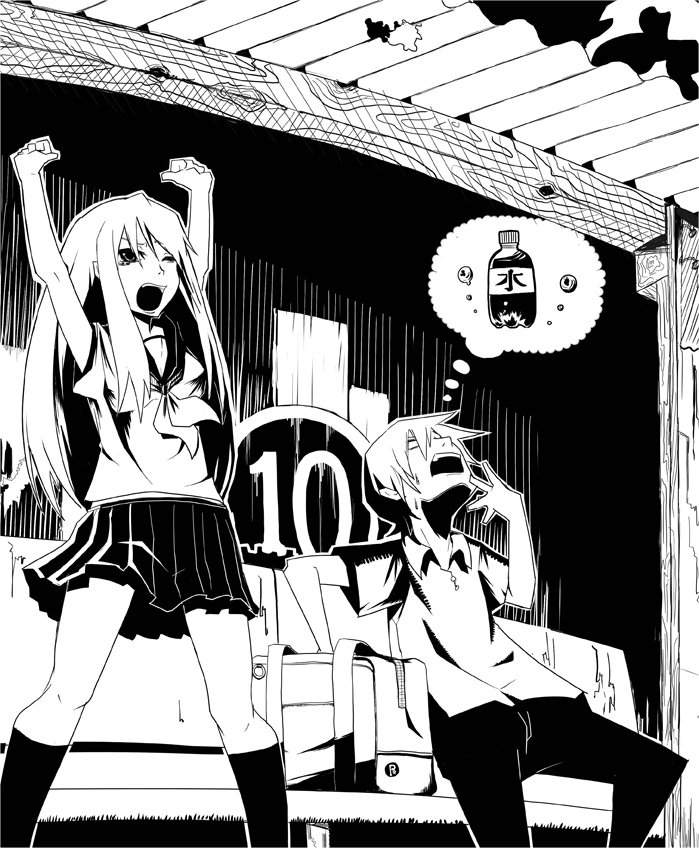 arms_up, bag, bench, cavo, dreaming, flat_chest, greyscale, kneehighs