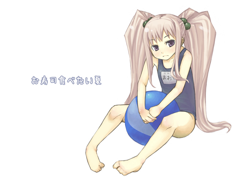 1girl, ball, beachball, black_one-piece_swimsuit, female_focus, name_tag, one-piece_swimsuit, original