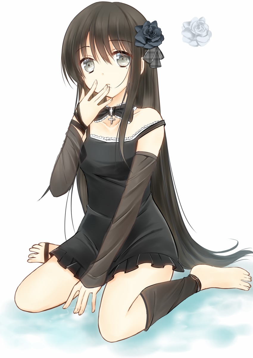 1girl, barefoot, black_dress, black_eyes, black_flower, black_hair, black_rose, bow