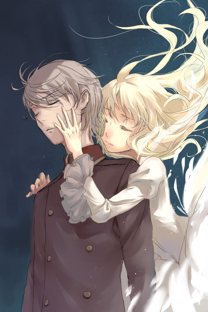10s, 1boy, 1girl, absurdres, aldnoah.zero, asseylum_vers_allusia, bad_id, bad_pixiv_id, blonde_hair, closed_eyes, dress, hand_on_another's_face, highres, limbo_(pixiv11653633), long_hair, military, military_uniform, short_hair, silver_hair, slaine_troyard, tears
