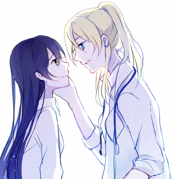 10s, 2girls, ayase_eli, blonde_hair, blue_eyes, collared_shirt, doctor, earrings