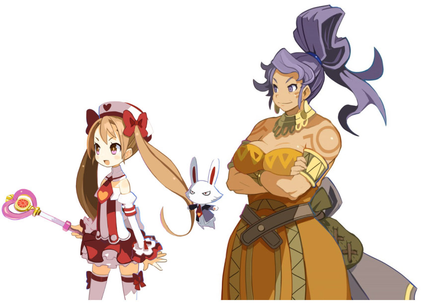 2girls, bare_shoulders, breasts, brown_hair, cleavage, flat_chest, laviri_rarura_ra, long_hair, majo_to_hyakkihei, multiple_girls, pink_eyes, ponytail, purple_eyes, purple_hair, purple_peel_(majo_to_hyakkihei), smile, standing, twintails