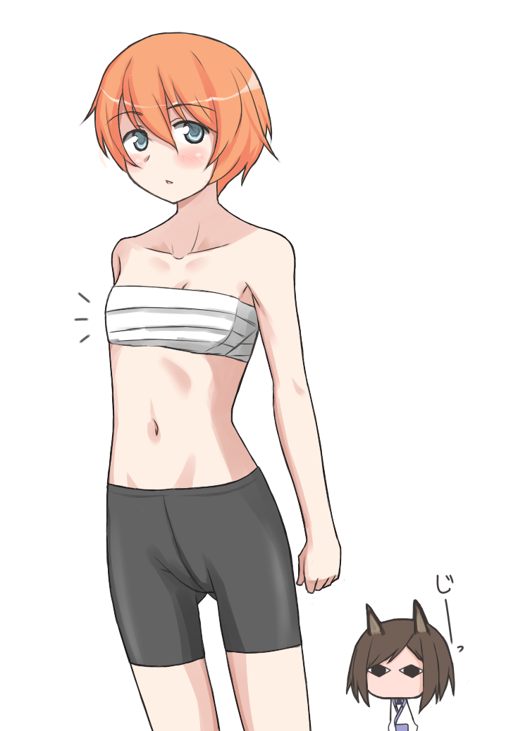 <o>_<o>, 2girls, animal_ears, bike_shorts, blue_eyes, blush, brown_hair, collarbone