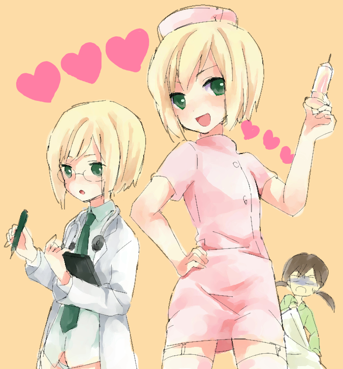 3girls, :d, alternate_eye_color, bad_id, bad_pixiv_id, blonde_hair, bob_cut, brown_hair
