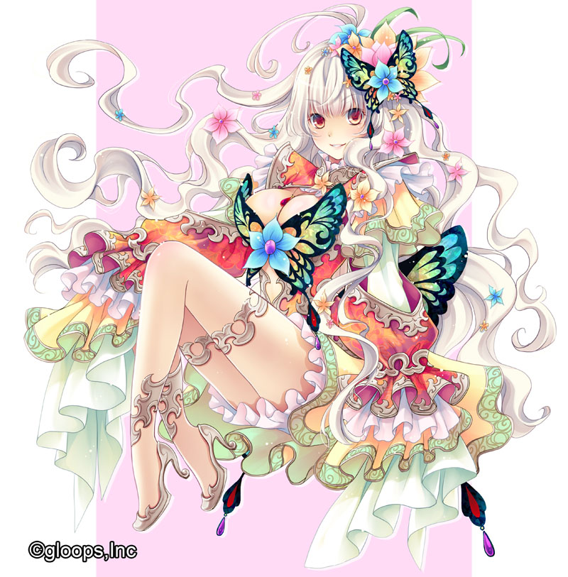 1girl, breasts, butterfly_hair_ornament, company_name, daisenran!!_sangokushi_battle, female_focus, flower, hair_flower