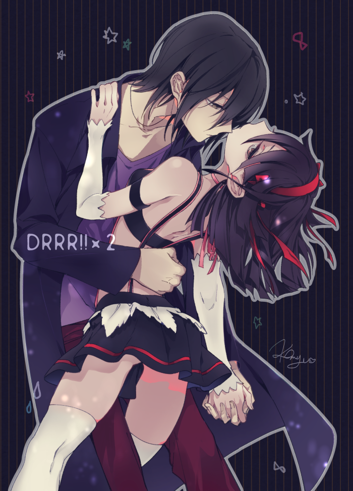 1boy, 1girl, black_hair, brown_eyes, couple, durarara!!, hair_ribbon, holding_hands