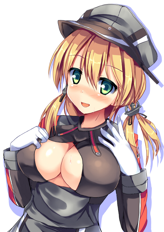 10s, 1girl, :d, anchor_hair_ornament, blonde_hair, blush, breasts, cleavage