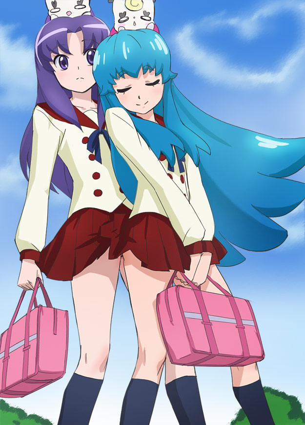 10s, 2girls, bag, blue_hair, closed_eyes, gurasan_(precure), happinesscharge_precure!, haruyama_kazunori