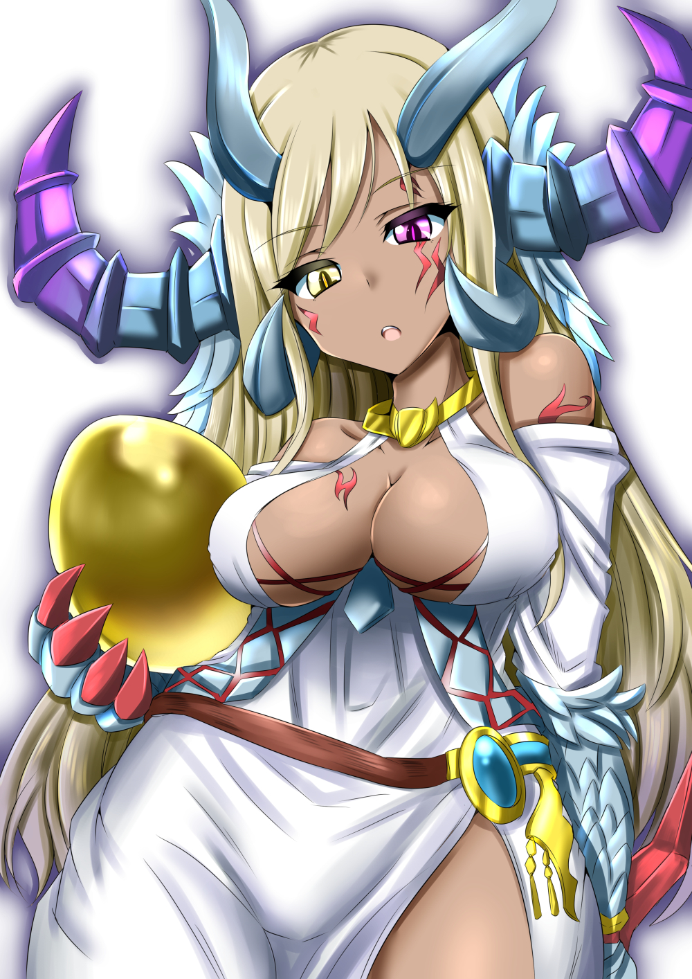 1girl, blonde_hair, breasts, claws, cleavage, dark-skinned_female, dark_skin, egg