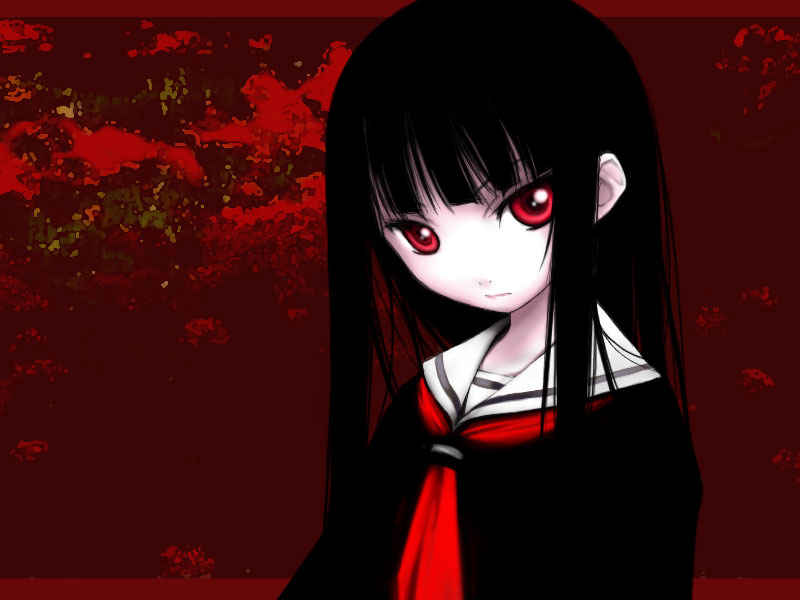 00s, 1girl, black_hair, black_serafuku, blunt_bangs, enma_ai, female_focus, hime_cut