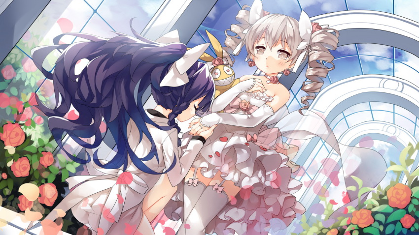 2girls, honkai_gakuen, bow, bronya_zaychik_(benghuai_xueyuan), choker, closed_eyes, dress, drill_hair