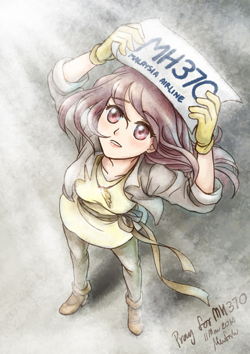 1girl, english_text, female_focus, looking_up, malaysia_airlines, malaysia_airlines_flight_370, mewfish, original, solo, standing, text_focus