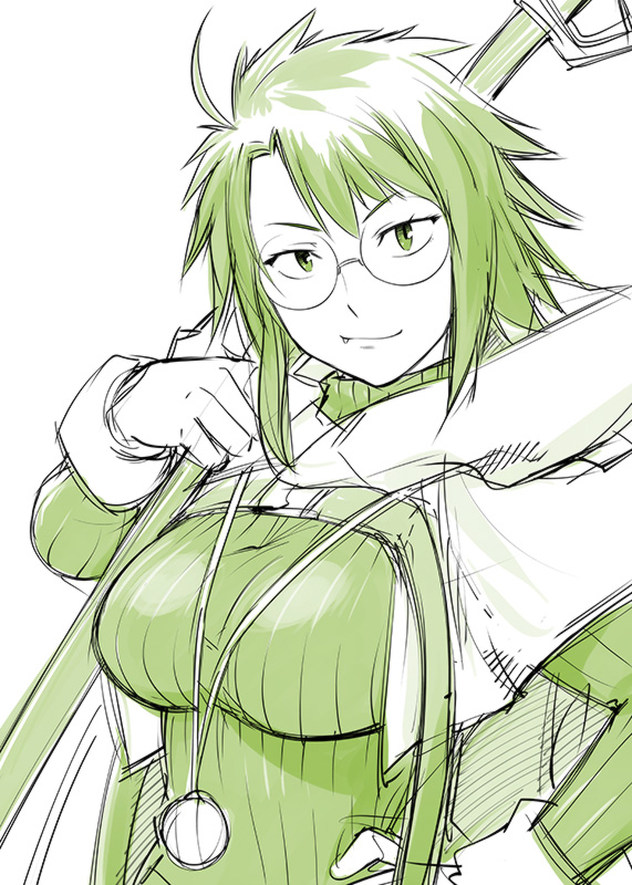 10s, 1girl, breasts, cloak, fang, fang_out, female_focus, glasses, green_theme, hand_on_own_hip, hood, jewelry, large_breasts, log_horizon, long_sleeves, looking_at_viewer, monochrome, necklace, roe2_(log_horizon), short_hair, smile, solo, sweater, ueyama_michirou