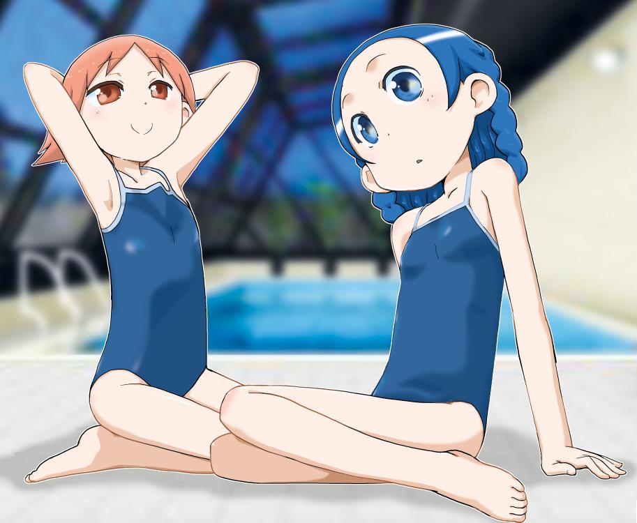 2girls, :o, andou_otome, arm_support, armpits, arms_behind_head, arms_up, barefoot, blue_eyes, blue_hair, blue_one-piece_swimsuit, blurry, braid, competition_school_swimsuit, depth_of_field, feet, flat_chest, flipped_hair, head_tilt, homemade_heroes, indoors, light_smile, long_hair, looking_at_viewer, multiple_girls, one-piece_swimsuit, open_mouth, orange_eyes, orange_hair, outline, parted_bangs, pool, pool_ladder, poolside, red_eyes, rei_no_pool, school_swimsuit, seiza, sendai_marin, shadow, short_hair, sitting, smile, suzushiro_seri, swimsuit, water, window, yokozuwari