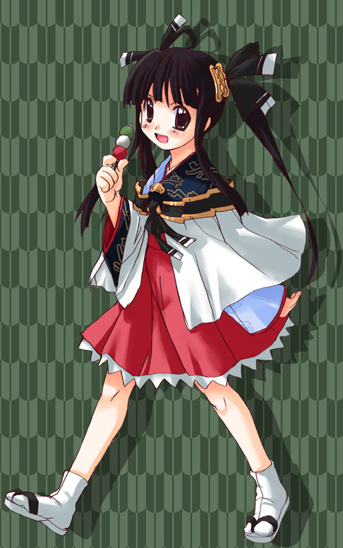 1girl, black_eyes, black_hair, blush, dango, female_focus, food, hair_ornament