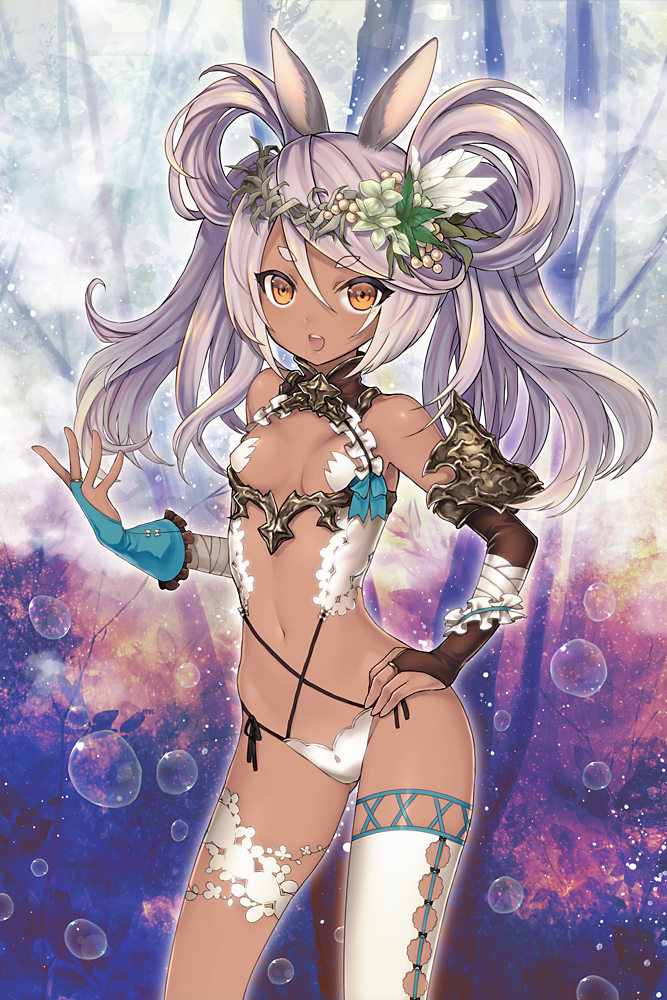 10s, 1girl, animal_ears, blush, bridal_gauntlets, chain_chronicle, dark-skinned_female, dark_skin