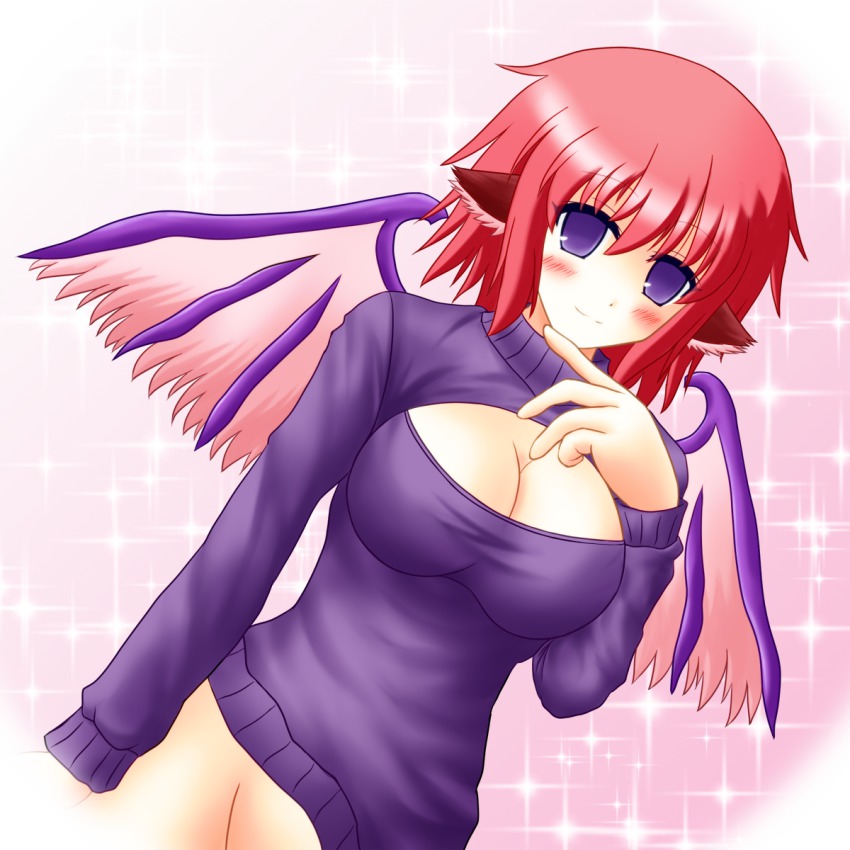 1girl, bird_ear, bird_wings, blush, bottomless, breasts, cleavage, female_focus