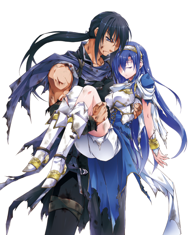 1boy, 1girl, asio_(asiogimuto), bad_id, bad_pixiv_id, baltuetas_(sen_no_maken), black_hair, blood, blue_hair, carrying, closed_eyes, injury, official_art, ponytail, princess_carry, sasha_(sen_no_maken), sen_no_maken_to_tate_no_otome