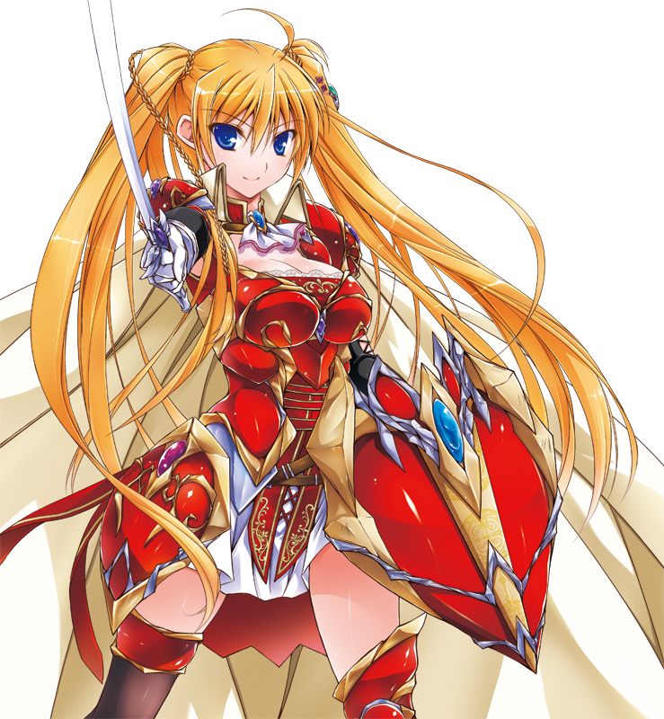 1girl, armor, asio_(asiogimuto), bad_id, bad_pixiv_id, blonde_hair, blue_eyes, elicia_(sen_no_maken), female_focus, long_hair, sen_no_maken_to_tate_no_otome, shield, solo, sword, twintails, weapon