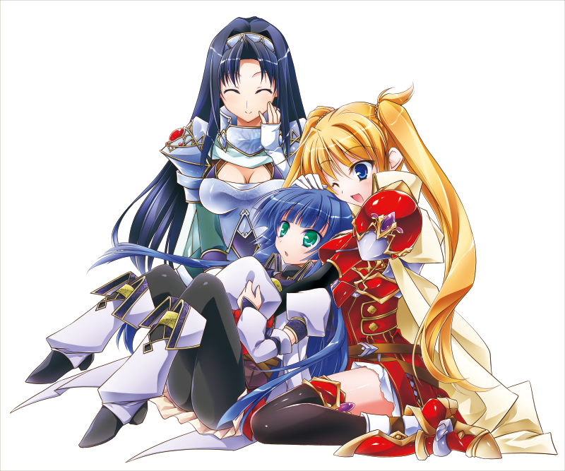 3girls, armor, asio_(asiogimuto), bad_id, bad_pixiv_id, black_hair, blonde_hair, blue_eyes, blue_hair, cape, elicia_(sen_no_maken), green_eyes, long_hair, multiple_girls, nagi_(sen_no_maken), official_art, pantyhose, phil_(sen_no_maken), sen_no_maken_to_tate_no_otome, thighhighs, twintails