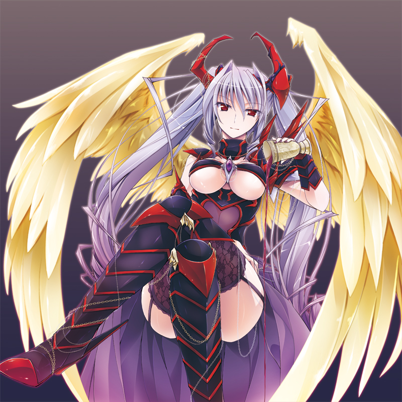 1girl, armor, asio_(asiogimuto), bad_id, bad_pixiv_id, corruption, dark_persona, elicia_(sen_no_maken), female_focus, horns, long_hair, official_art, purple_hair, red_eyes, sen_no_maken_to_tate_no_otome, solo, spoilers, twintails, very_long_hair, wings