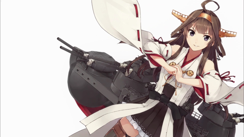 10s, 1girl, ahoge, anime_screenshot, brown_hair, detached_sleeves, eyecatch, female_focus, fist_in_hand, hair_bun, headgear, highres, japanese_clothes, kantai_collection, kongou_(kancolle), konishi_(koconatu), long_hair, non-web_source, nontraditional_miko, official_art, own_hands_together, palm-fist_greeting, purple_eyes, ribbon-trimmed_sleeves, ribbon_trim, rigging, ship_turret, simple_background, single_hair_bun, smirk, solo, thighhighs, zettai_ryouiki