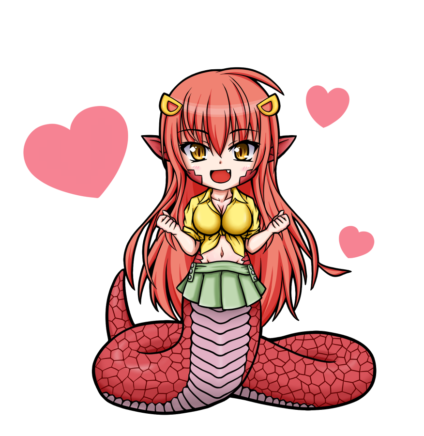 10s, 1girl, aoba_kino, breasts, chibi, cleavage, fang, female_focus, front-tie_top, full_body, green_skirt, groin, hair_ornament, hairclip, heart, lamia, long_hair, looking_at_viewer, miia_(monster_musume), monster_girl, monster_musume_no_iru_nichijou, navel, open_mouth, pointy_ears, red_hair, scales, shirt, simple_background, skirt, slit_pupils, solo, very_long_hair, white_background, yellow_eyes, yellow_shirt