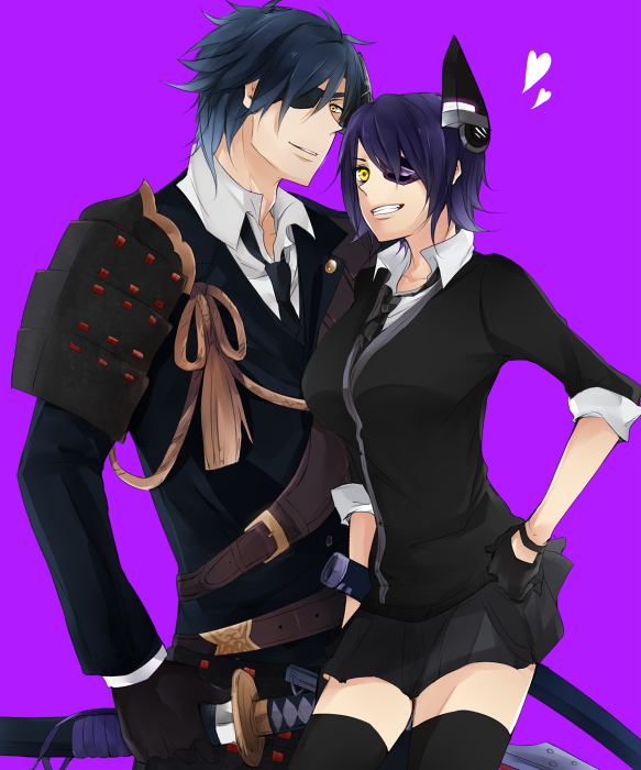 10s, 1boy, 1girl, armor, bad_id, bad_pixiv_id, black_hair, breasts