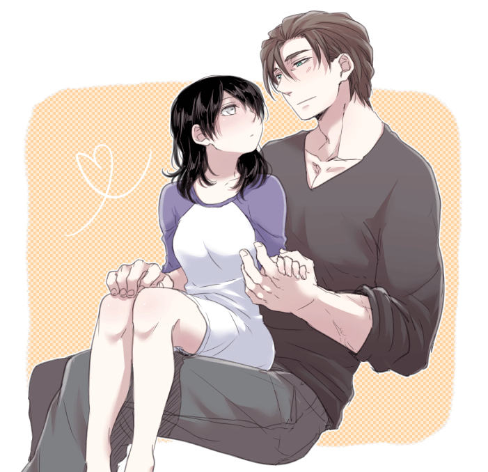 1boy, 1girl, a_will, age_difference, black_eyes, black_hair, brown_hair, couple, green_eyes, hair_over_one_eye, holding_hands, heart, heart_of_string, hetero, husband_and_wife, kago1205, looking_at_another