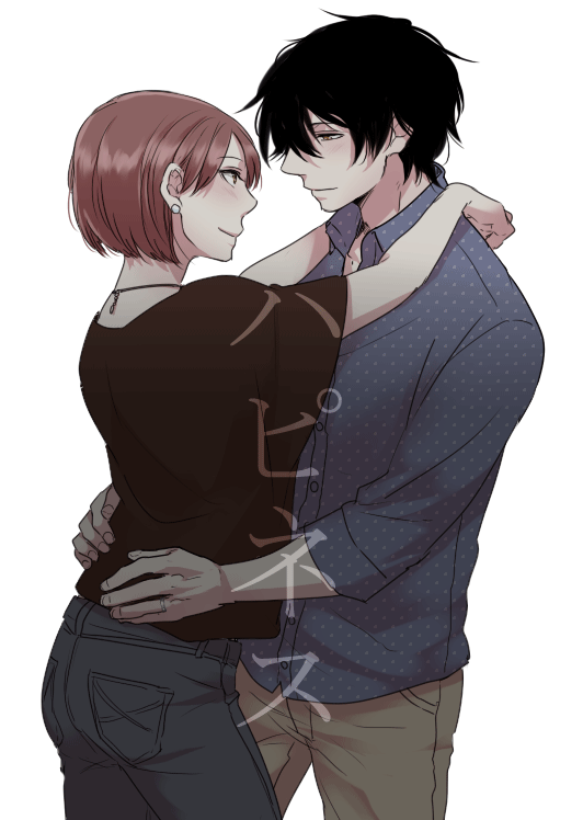 1boy, 1girl, a_will, arms_around_neck, black_hair, brown_eyes, brown_hair, couple