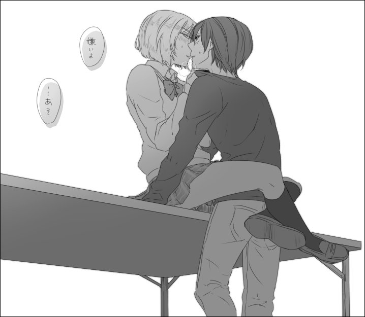 1boy, 1girl, black_hair, blush, contemporary, face-to-face, greyscale, hetero