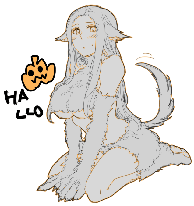 1girl, a_will, animal_hands, breasts, female_focus, fur, gloves, halloween