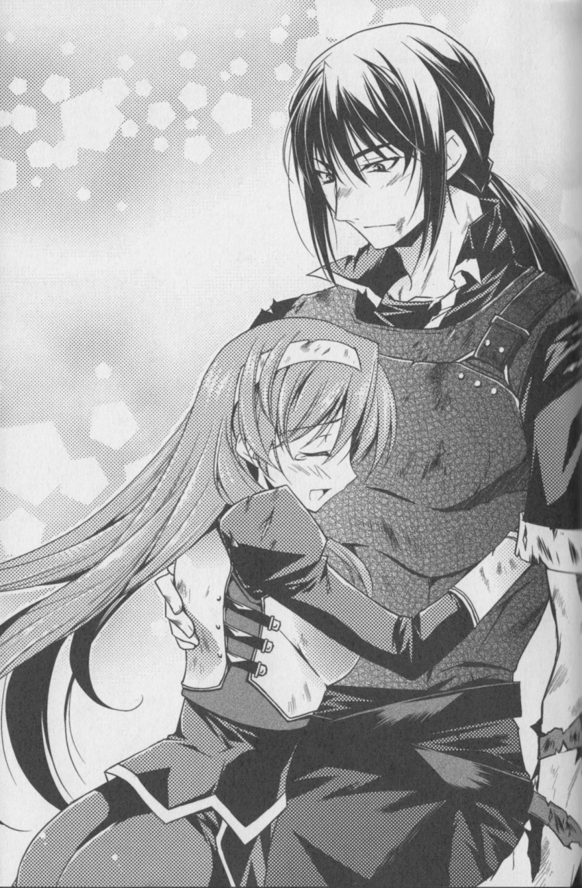 1boy, 1girl, armor, asio_(asiogimuto), baltuetas_(sen_no_maken), bruise, greyscale, hetero
